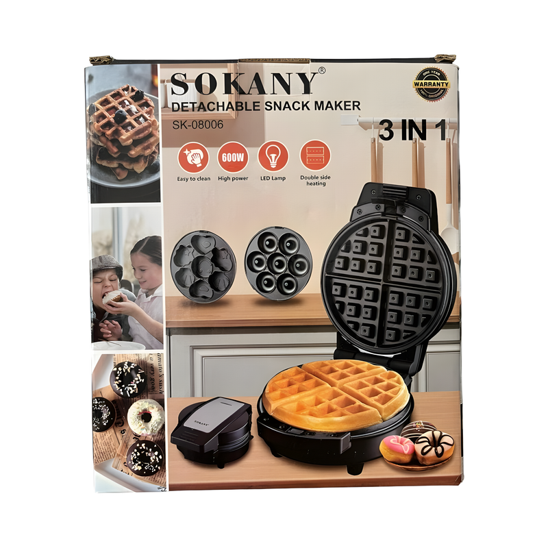 Waflera Sokany 3 en 1 - Waffles, Donas y Pasteles en un Solo Dispositivo